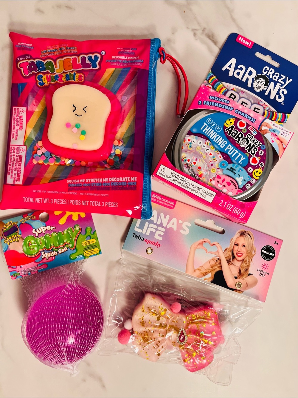 Crazy Aaron’s BFF, Super Gummy Squishy Ball, Taba Jelly Toast, Lana’s Life Bow